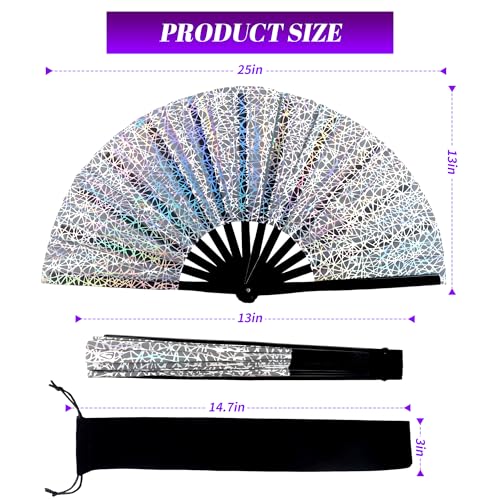 13 Inch Large Rave Fan & Clack Fan for Line Dancing - Folding Hand Fan with UV Glow for Boots on The Ground, Performance, Wedding, Party - Portable Handheld Fan for Women & Men - color: Reflective Silver Lines*1