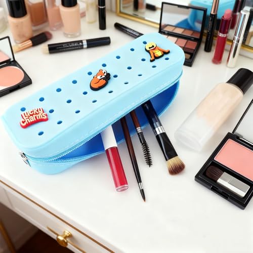1 Pack Cute Silicone Pencil Case Pencil Pouch with DIY Holes and 3 Decoratives(Random) Travel Makeup Brush Bag suitable for travel home7.81inch (Pale Blue) - color: Pale Blue