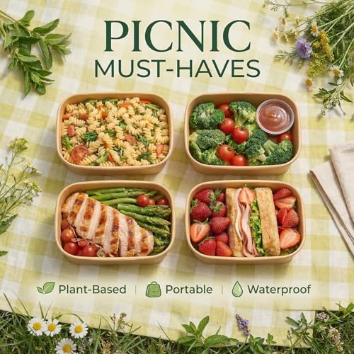 TOPtoper 50 Pack 30 OZ Disposable Meal Prep Containers with Lids and Forks, Large Kraft Paper Bowls for Party, Disposable Food Containers with Lids, Freezer and Microwave Safe Meal Prep Containers - size: 30 OZ
