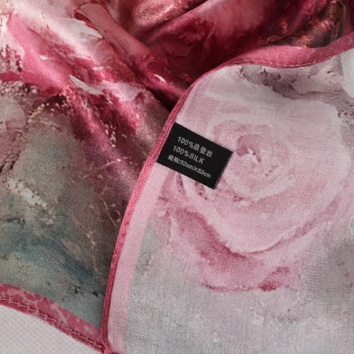 Women 100% Mulberry Silk Neck Scarf 21" Square Floral Neckerchief - color: Pink Roses