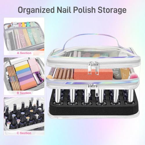 Beloving Nail Polish Organizer, Clear Double Tier Nail Storage Organizer Case Holds 30 Bottles, Portable PVC Nail Tech Bag with Dividers, Nail Polish Supplies Travel Case for Display - color: 7.lridescent