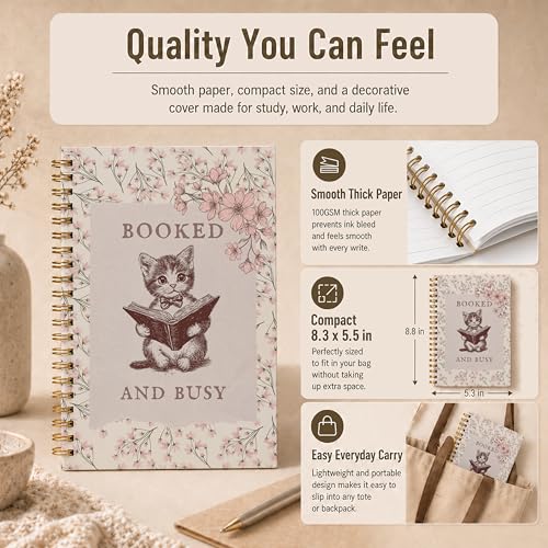 Vintage Pink Floral Cat Reading Spiral Notebook, Book Lover Bookworm Bookish Gifts Journal, Cat Lovers Mom Lady Gifts Hardcover Lined Notebook Journal, 5.5x8.3 Inch - color: pattern-3