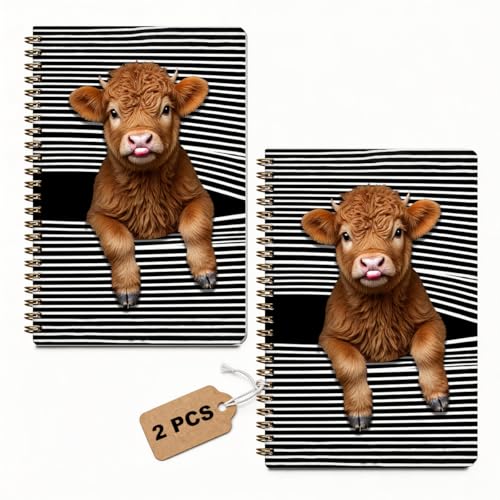 2 Pcs Funny Highland Cow A5 Spiral Notebook 160 Pages, Cow Gifts for Women - color: Multicolour 0033