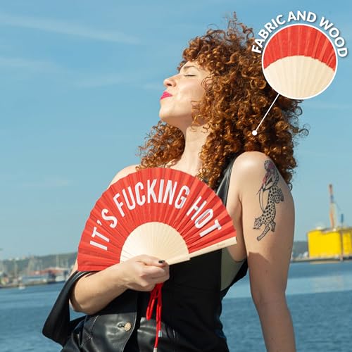 Fisura – Original folding fan with message F*cking hot, wooden handheld fan for women, ideal for rave, party, wedding, birthday, gift or fun summer decoration - color: Hot, Red