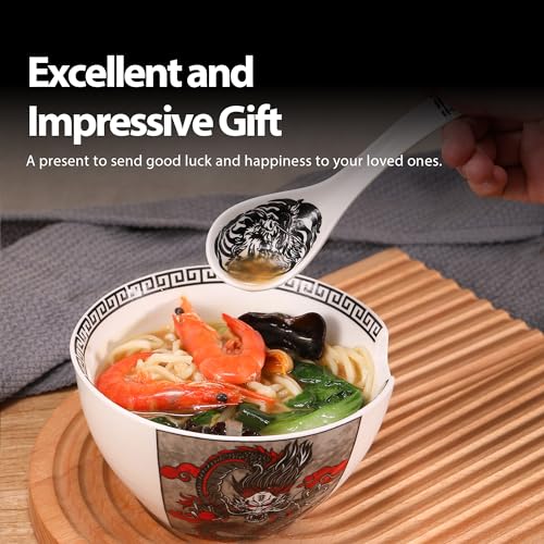 Hagary Ceramic Spoon Soup Spoons Asian Soup Spoon Chinese Korean Japanese Ramen Spoons Set of 4 with Hole 6.2 Inch (Black - Dragon Old) - color: Black - Dragon Old