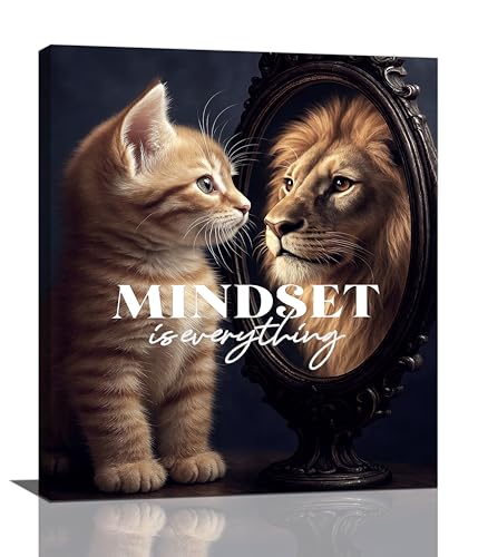 Motivational Lion And Cat Wall Art For Kids Mindset Is Everything Nursery Canvas Wall Decor Inspirational Pictures Paintings Prints Artwork Framed Decorations For Children's Room Bathroom Bedroom Living Room Office Gifts 20" x 24" - color: Cat And Lion, s
