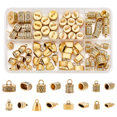 PH PandaHall 78 pcs 8 Styles Leather Cord End Cap Alloy Tibetan Style Metal Bead Tube Barrel Loop Clasp for Earring Bracelet Jewelry DIY Craft Making Antique Golden, for 2~12mm Cord - color: Antique Golden-78pcs