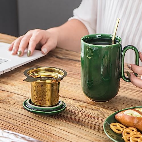 vicrays Ceramic Tea Mug Infuser - Large Cup 16 oz Hot Loose Steeping Handle Teacup with Leaf Infuser Spoon Lid - Tall Glazed Strainer Coffee Mug Microwave Safe - Green - color: Green
