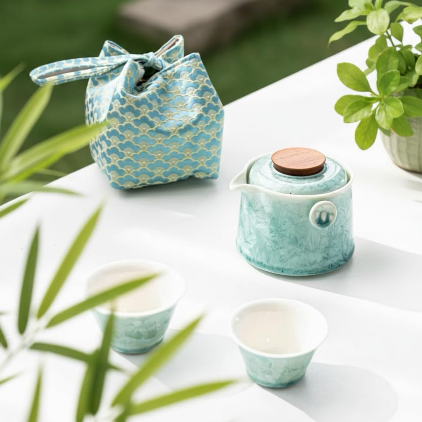 Hermit Life Chinese Travel Tea Set, Portable Ceramic Teapot for One to Two, Gongfu Tea Set with Crystal Glaze, 1 Pot 2 Cups, Gift for Tea Lovers (Mint Green) - color: Mint Green