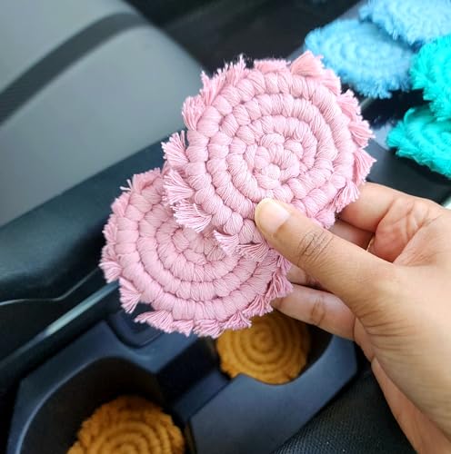 Cotton Car Coasters for Cup Holders, 2PC Car Cup Coasters, Drink Coaster Holder, Cute cupholder Coaster Accessories for Women, Macrame, Boho(Champagne Pink) - color: Champagne Pink
