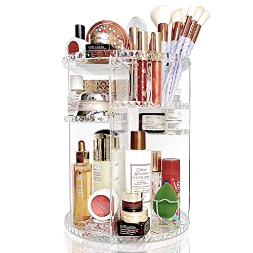 360 Degree Rotating Makeup Organizer, DIY 8 Adjustable Layers Spinning Skincare Organizer, Cosmetic Display Case with Brush Holder Perfume Tray