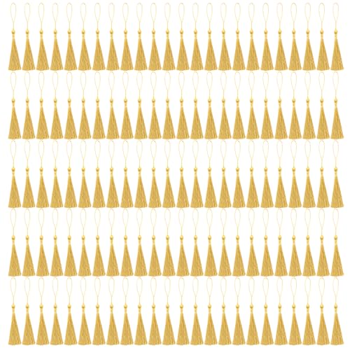 NACHLYNN 120 Pcs Bookmark Tassels Bulk 13cm/5 Inch Silky Handmade Soft Craft Mini Tassels for Jewelry Keychain Making with Loops for Dress Decoration DIY Craft Accessory (Gold) - color: Gold