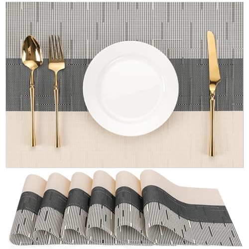 Placemats Set of 6, Vinyl Woven Heat-Resistant Place Mats - color: Beige Black, size: Set of 6