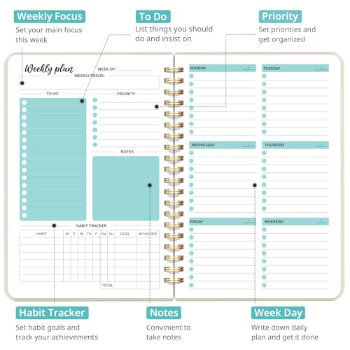 Taja Undated Weekly Planner, To Do List Notebook with Habit Tracker, A5 - color: v.Beige