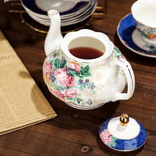 fanquare 21-Piece Blue Lace Porcelain Tea Set, China Coffee Cup and Saucer Set for 6, Pink Flower Tea Sets for Adults Women - color: Light Pink