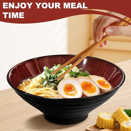 8-Inch 2 Sets Ceramic Ramen Bowl (8 Piece) - Japanese Porcelain Dishwasher Microwave Safe Salad Noodles Cereal Pasta Soup Large Bowls with Chopsticks Forks Spoons for Men Women Housewarming Gift - color: B:Red&Black, size: 8 INCH 2 Set