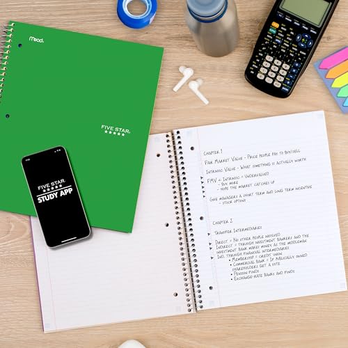 Five Star Spiral Notebook + Study App, 5 Subject, College Ruled Paper, 8.5" x 11", 200 Sheets, Green (Color May Vary) (72079) - color: Green, size: 1 Count (Pack of 1)