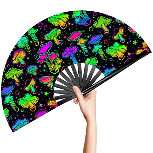 OMyTea Rave Hand Fan Foldable for Women/Men/Drag Queen - Large Clack Festival Folding Hand Fan - for EDM, Music Festival, Event, Party, Dance, Performance (Green Mushroom) - color: Green Mushroom