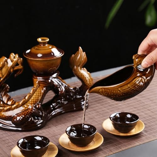 Chinese Gongfu Tea Set - Ceramic Teapot with Infuser, 8 Cups, Semi Automatic Dragon Design for Loose Leaf Tea - color: Yellow Dragon