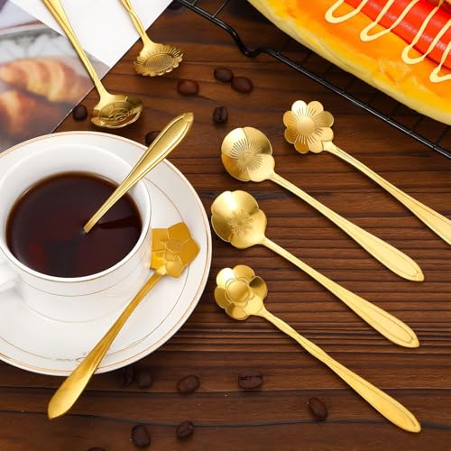 Eboot 40 Pcs Gold Flower Tea Spoons Set Stainless Steel Coffee Sugar Spoons - color: Gold