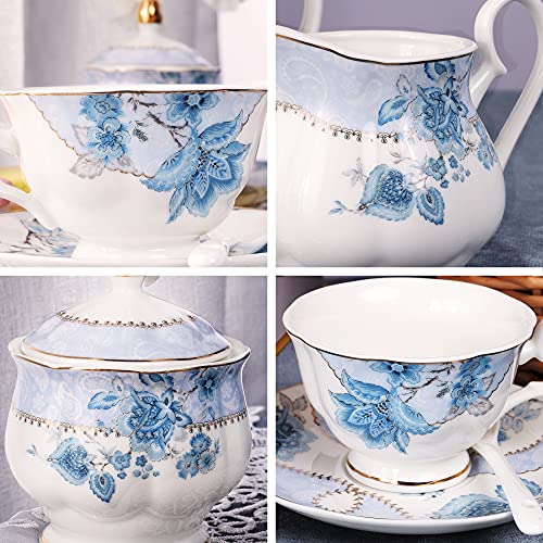 fanquare Blue Flowers Porcelain Tea Set Service for 6 - color: Blue
