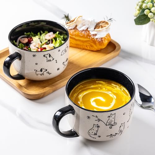 AmorArc 24 Ounces Ceramic Soup Mugs with Lids and Handle, Stoneware Bowls Cup Set of 2 for Soup, Stew, Noodle, Beautiful Mug Bowls With Lovely Dog,Cat Patterns, Microwave&Dishwasher Safe, Black - color: Black, size: 24oz