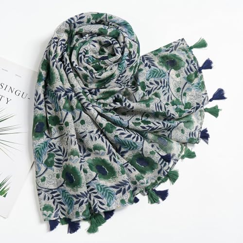 QIUTIMIY Scarf for Women Lightweight Soft Floral Leopard Printed Scarves Fall Winter Fashion Shawl Wrap with Fringe - color: Flower-green Blue