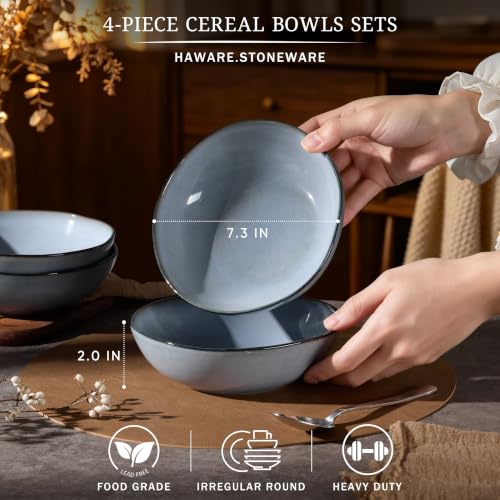 HaWare Cereal Bowls, 26oz Stoneware Serving Bowls Set of 4, for Salad Pasta - color: Reactive Foggy Blue