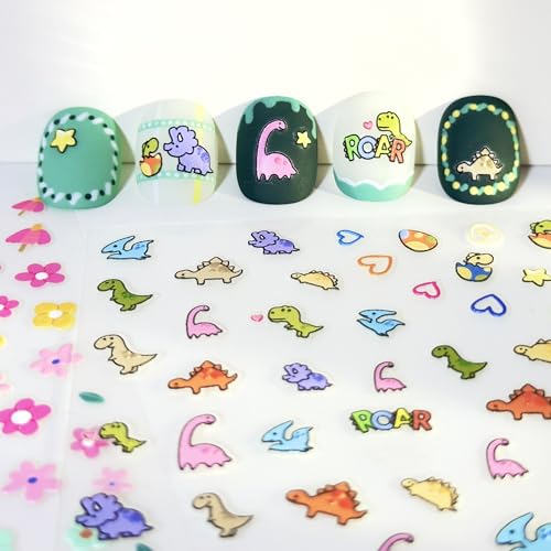 Okiyomi Dinosaur Nail Stickers for Kids, 3D Kawaii, 4 Sheets, 292 Decals - color: 5d Dinos