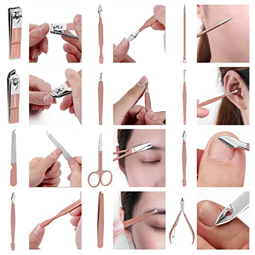 FAMILIFE Manicure Set, Professional Nail Kit Stainless Steel Nail Clipper Set, 13PCS Beauty Tools Manicure Kit Pedicure Tools, with Portable Pink Leather Travel Case for Her - color: Pink