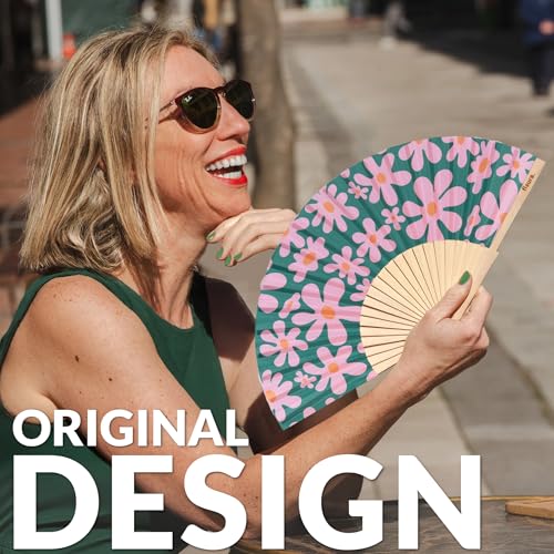 Fisura - Original Folding Fan with Flowers Print. Wooden Handheld Fan for Women. Pink and Green Design for Raves, Festivals, weedings. Hanger Included. Size: 16.7 x 9 inches - color: Flowers, Green and Pink