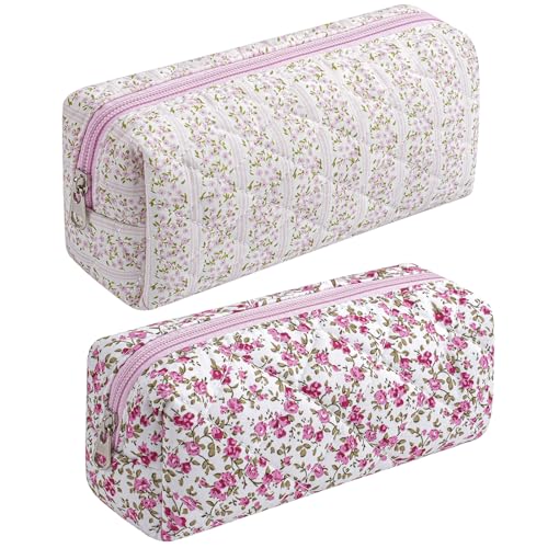 Cute Floral Cotton Makeup Brush Cosmetic Bag for Women, Travel Quilted Zipper Make Up Bag, Flowers Toiletry Organizer Case Kawaii Makeup Cosmetic Travel Cloth Pouch (Pink+Red Floral) - color: Two Pack: (Pink Floral+Red Floral)