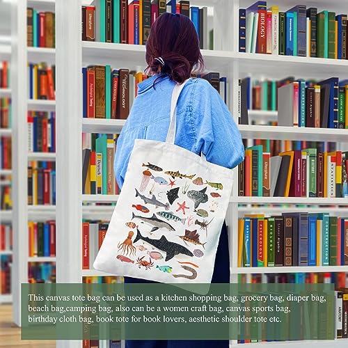 Canvas Aesthetic Tote Bag for Women with Inner Pocket Totes Shoulder Book Bag Shopping Reusable Grocery Bags - color: Sea Life Tote Bag