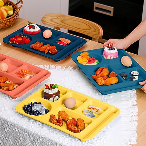 Pinkunn 12 Pcs 14'' Large Divided Plates Unbreakable Wheat Straw Lunch Trays 6 Compartments Cafeteria Trays Microwave Dishwasher Safe Food Separator Plates (Dark Blue, Dark Green, Yellow, Orange) - color: Dark Blue, Dark Green, Yellow, Orange