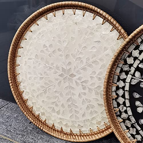 i-lan 16" Rattan & Mother of Pearl Serving Tray with 1.2" Raised Sides - Round Luminous White Shell Platter - Chic Boho Display for Breakfast in Bed, Nurseries & Coastal Interiors - color: White