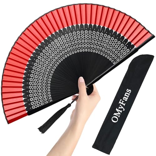 Hand Fan for Women Foldable - Folding Chinese Japanese Vintage Bamboo Silk Fan - Ideal for Hot Flashes, Church, EDM, Festivals, Dancing and Gifts (Sexy Black-Red) - color: Sexy Black-red
