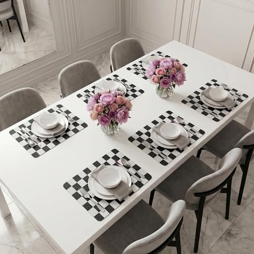 Set of 6 Checkerboard Non-Slip Washable Placemats for Dining Table - color: Black