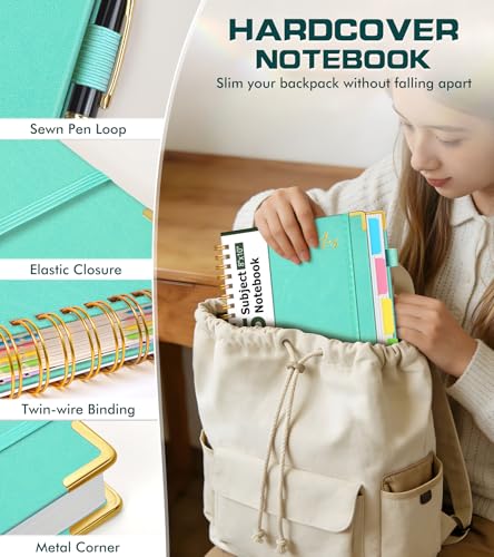 5 Subject Spiral Notebook Journal with Removable Dividers Tabs, 300 Pages Organizer Notebooks for Work School, 8"x10" Hardcover Leather Notebook College Ruled, Large Lined Journal for Women Men,Aqure - color: Aqure, size: B5