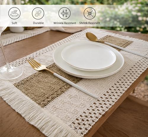 Ruvanti Placemats Set of 6, 17.5"x12" Polycotton Place Mats - Tobacco Band - color: Tobacco Band