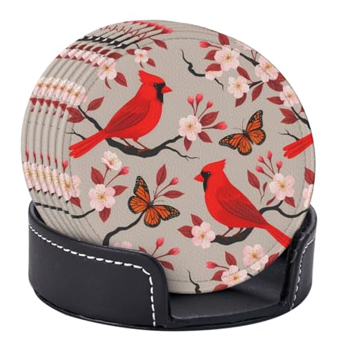 6 Pcs Leather Coasters for Drinks with Holder Birds Bloom Cherry Flowers Coaster Sets Drink Table Cup Coasters for Kitchen Coffee Decor - color: Red Birds Cherry Flowers