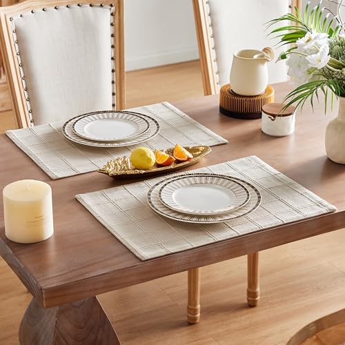ZeeMart Linen Checked Farmhouse Placemats Set of 6, Neutral Beige 13x19in - color: Beige, size: Set of 6