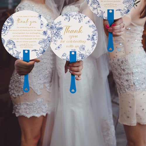 CroBlissful 100 Pcs Wedding Hand Fans for Guest Bulk, Handheld, Blue Flower - style: Blue Flower