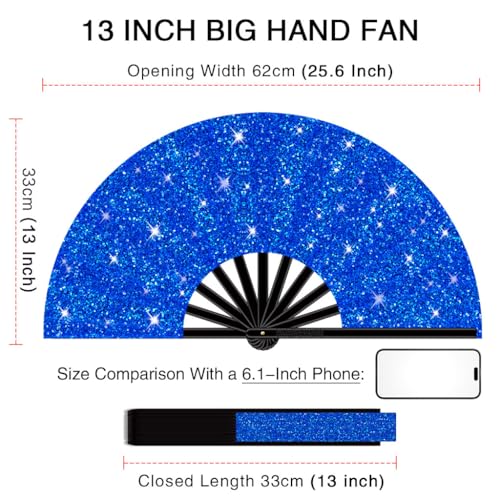 13" Large Folding Rave Fan with Holster, Clack Hand Fans Foldable for Line Dancing for Women Men Festival EDM Party Decoration, Glitter Blue 2 Pack - color: Glitter Blue