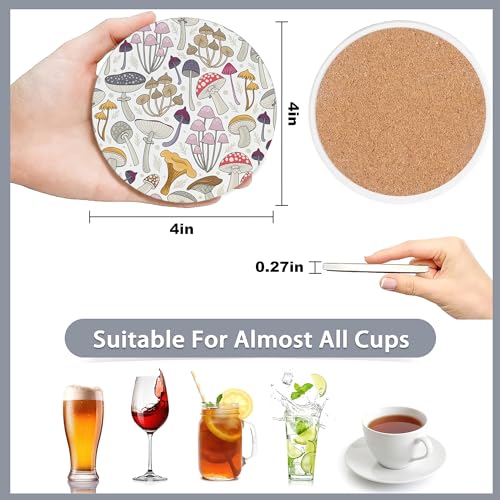 6 Pcs Coasters for Drinks with Holder,Retro Mushrooms Berries and Bugs Absorbent Coaster with Cork Backing,Great Gift for Housewarming,Room Decor,Bar,Holiday Party - color: Retro Mushrooms Berries and Bugs