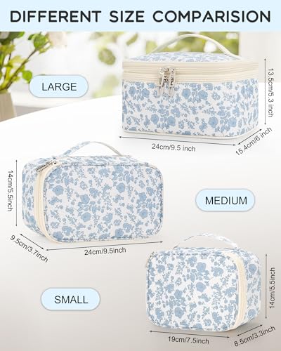 Relavel Travel Makeup Bag, Floral Cosmetic Bag with Brush Compartment - color: 01-Blue, size: Large