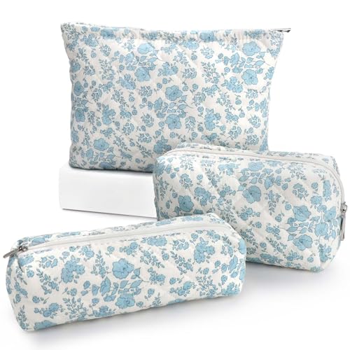 EIMMBD Makeup Bag 3 Pieces Large Capacity Cosmetic Bag Travel Toiletry Bag Organizer Cute Makeup Bag Pouch Storage Bag for Women(Blue White) - color: Blue White