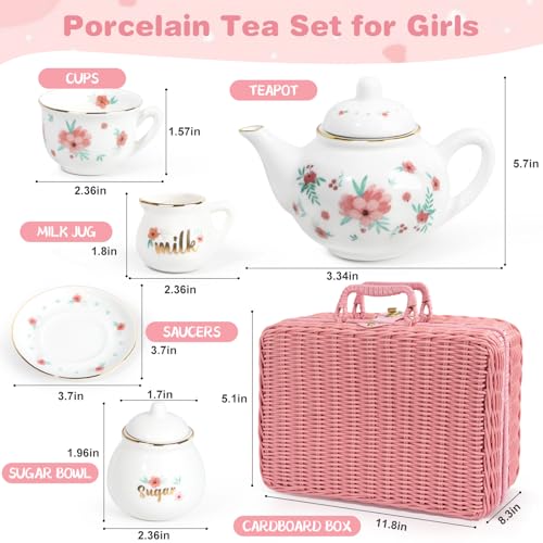 Porcelain Tea Set for Toddlers, Tea Party Set for Little Girls, Pink Floral Teapot Cup Saucer Carry Case, Princess Party Pretend Play Kids Toys, Toddler Girl Birthday Gifts Age 3 - 8 Years Old - style: B. Picnic Garden Tea
