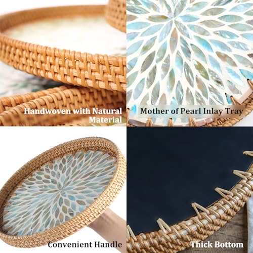 Round Rattan Tray with Mother of Pearl Inlay, Rattan Serving Tray for Coffee, Bread, Fruits, Decorative Wicker Tray for Table Decor, Home Decor, Kitchen Island Decor (Ambilight, 11.8")