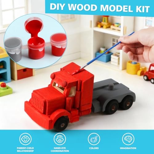 VOMOCNET 3 Pack DIY Wooden Model Building Kit, Includes Fighter Jet, Truck, Race Car, Paint Your Own Arts and Crafts, STEM Toys Birthday Gifts for Boys Girls