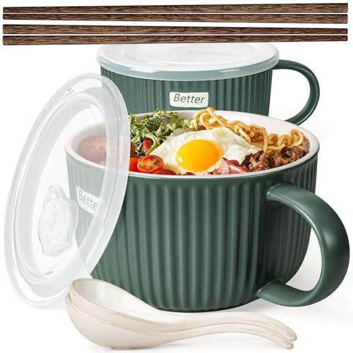 Artena 38 oz Soup Bowls with Handles, Lids, Spoons & Chopsticks – 6 Inch Large Microwave Safe Ceramic Ramen Bowls, Soup Mugs & Cereal Bowls for Instant Noodles, Oatmeal, Meal Prep (Green-Set of 2) - color: Green-Set of 2